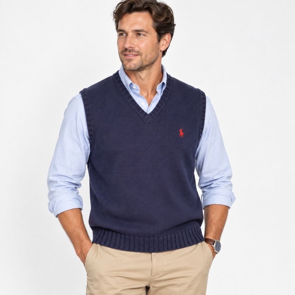 Vintage 90s Polo Ralph Lauren Knit Sweater Vest Men L Blue Embroidered Pony Logo